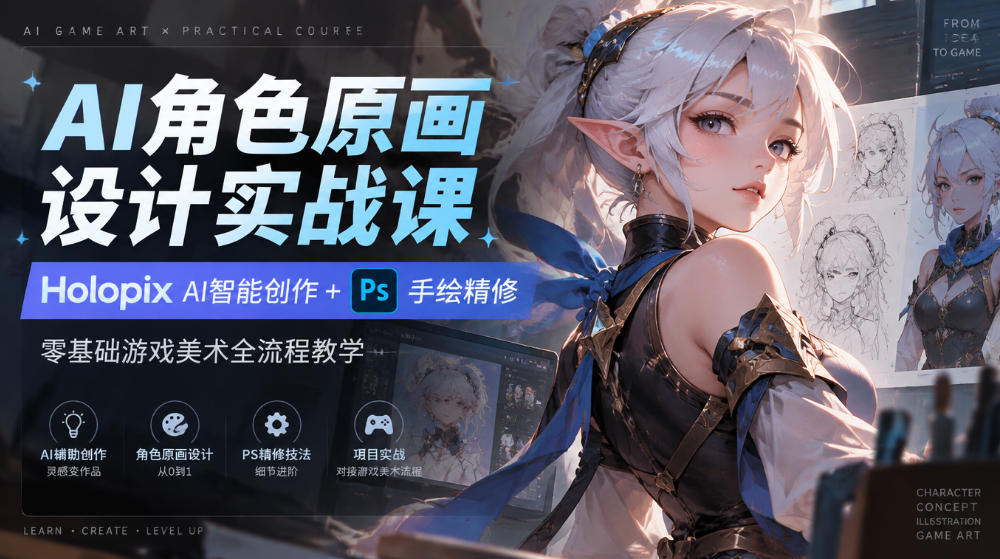 AI角色原画设计实战课|Holopix AI智能创作+PS手绘精修,零基础游戏美术全流程教学-御文网