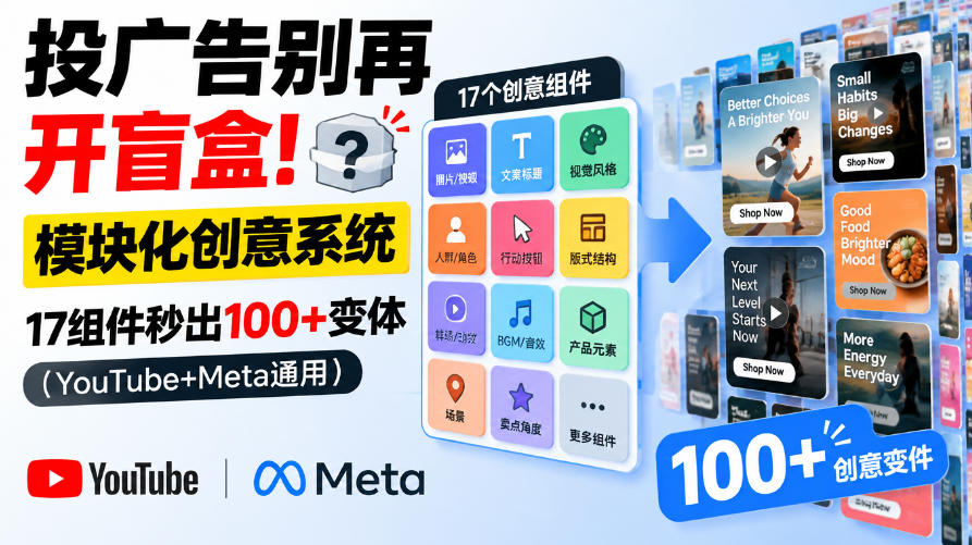 投广告别再开盲盒！模块化创意系统，17组件秒出100+变体(YouTube+Meta通用)【原创双语字幕】-御文网