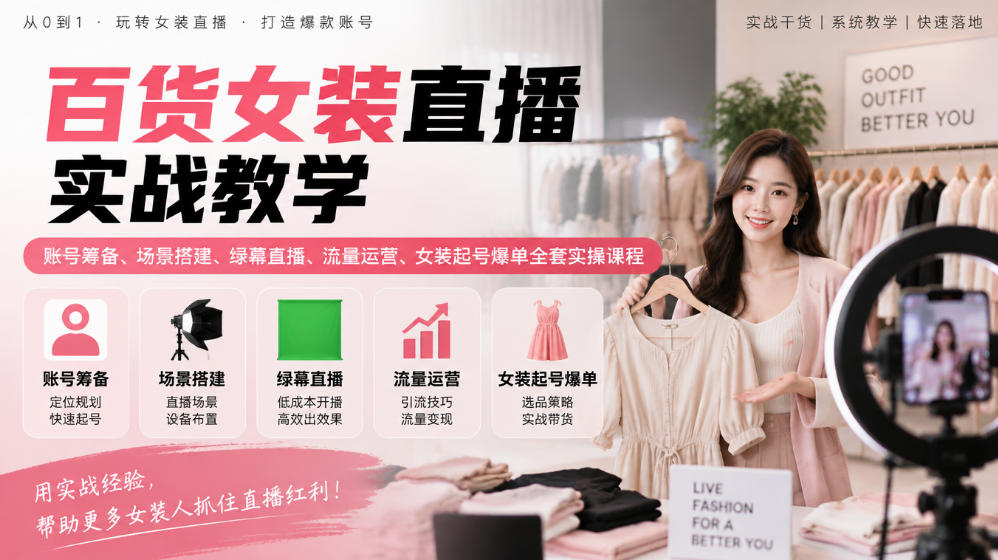 百货女装直播实战教学|账号筹备、场景搭建、绿幕直播、流量运营、女装起号爆单全套实操课程-御文网