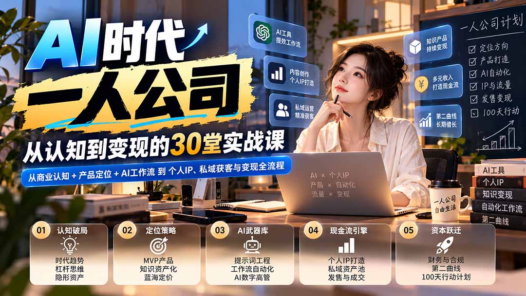 【无水印】AI时代一人公司30堂实战课:从商业认知+产品定位+AI工作流到个人IP、私域获客与变现全流程-御文网