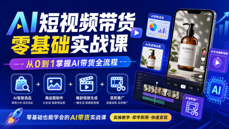 AI短视频带货零基础实战课|AI智能选品+商品图制作+爆款视频生成+混剪推广,从0到1掌握AI带货全流程-御文网