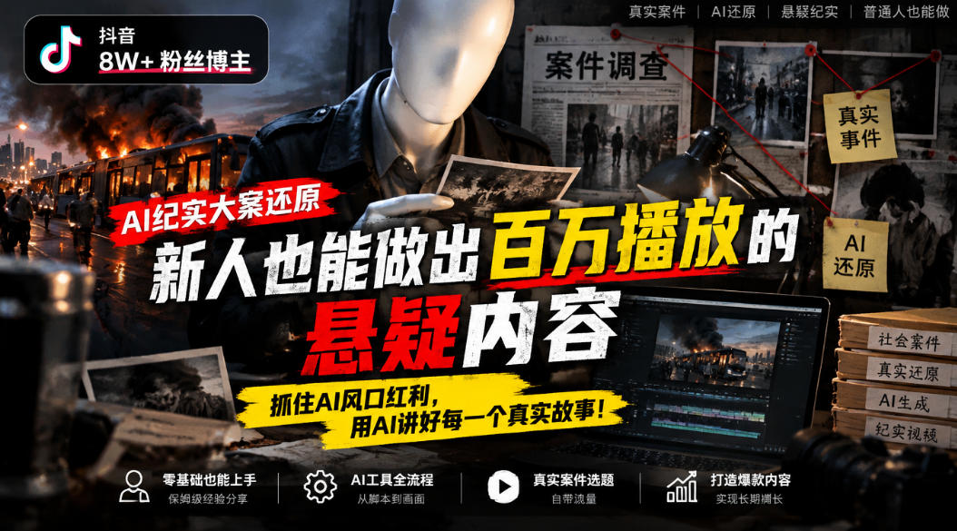 抖音8W粉丝博主的AI纪实大案还原教学，新人也能做出百W播放的悬疑内容，抓住AI风口红利，用AI讲好每一个真实故事-御文网