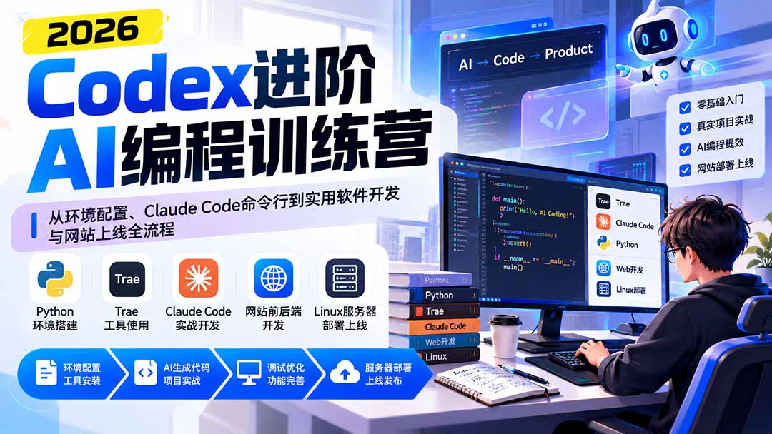 Codex进阶AI编程训练营:从环境配置、Claude Code命令行到实用软件开发与网站上线全流程-御文网