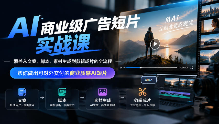 AI商业级广告短片实战课，覆盖从文案、脚本、素材生成到剪辑成片的全流程，帮你做出可对外交付的商业质感AI短片-御文网