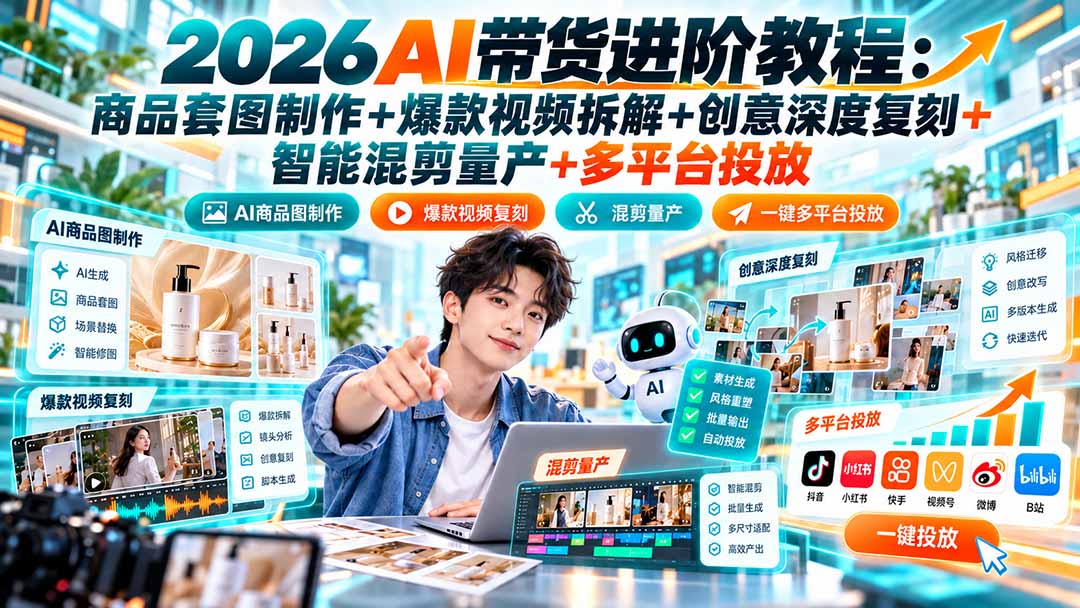 2026AI带货进阶教程：商品套图制作+爆款视频拆解+创意深度复刻+智能混剪量产+多平台投放-御文网