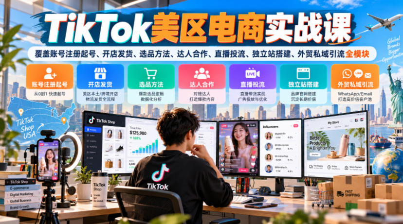 TikTok美区电商实战课，覆盖账号注册起号、开店发货、选品方法、达人合作、直播投流、独立站搭建、外贸私域引流全模块-御文网