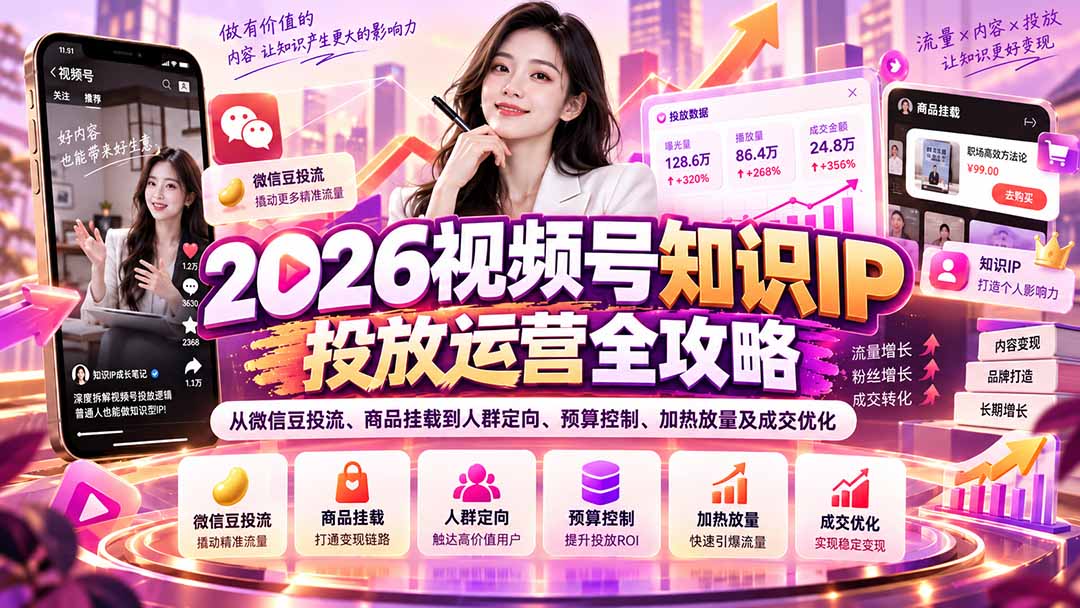 2026视频号知识IP投放运营全攻略：从微信豆投流、商品挂载到人群定向、预算控制、加热放量及成交优化-御文网