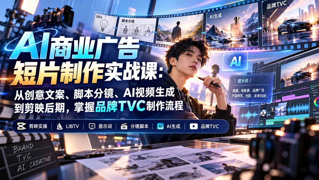 AI商业广告短片制作实战课：从创意文案、脚本分镜、AI视频生成到剪映后期，掌握品牌TVC制作流程-御文网
