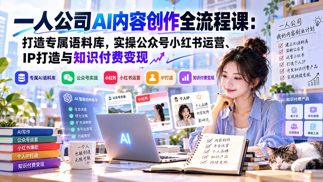 一人公司AI内容创作全流程课：打造专属语料库，实操公众号小红书运营、IP打造与知识付费变现方法论-御文网