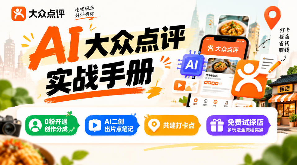 某局的AI大众点评实战手册，0粉开通创作分成、AI二创出片点笔记、共建打卡点、免费试探店多玩法全流程实操-御文网