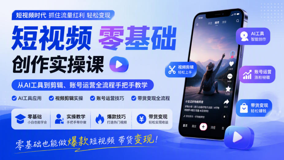 短视频零基础创作实操课,从AI工具到剪辑、账号运营全流程手把手教学,零基础也能做爆款短视频带货变现-御文网