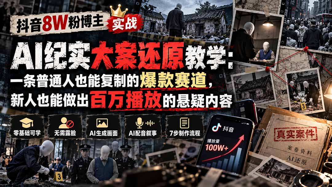 抖音8W粉博主AI纪实大案还原教学：一条普通人也能复制的爆款赛道，新人也能做出百万播放的悬疑内容-御文网