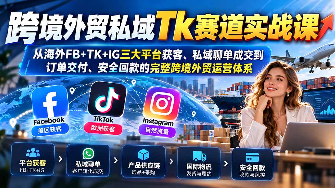 跨境外贸私域Tk赛道实战课:从海外FB+TK+IG三大平台获客、私域聊单成交到订单交付、安全回款的完整跨境外贸运营体系-御文网