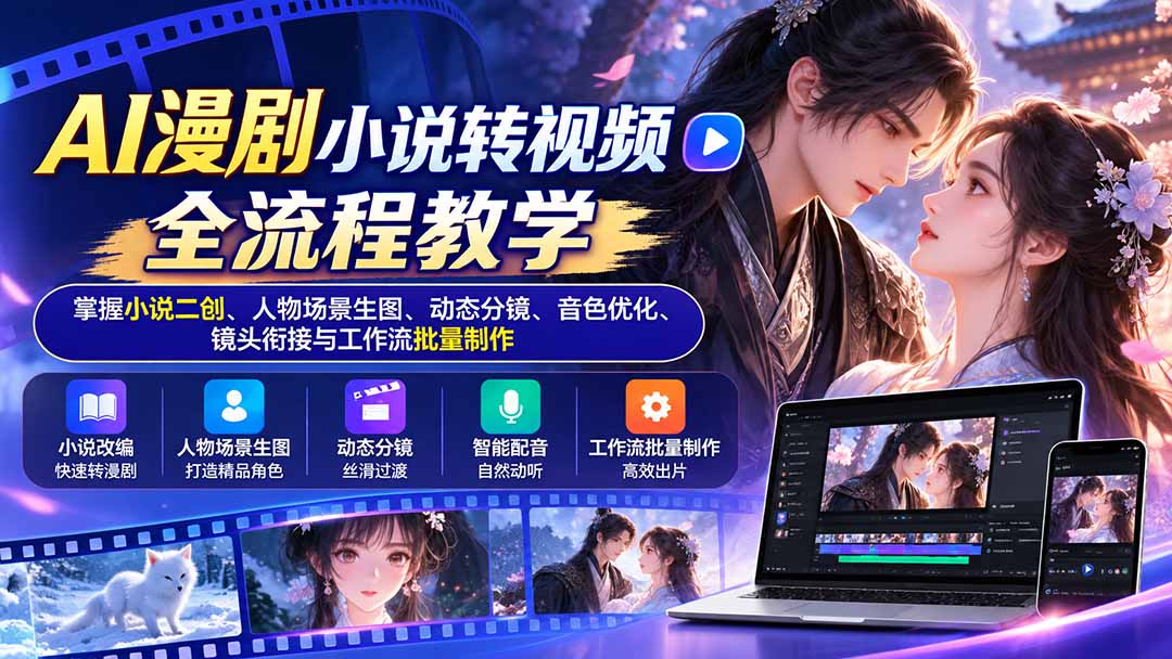 AI漫剧小说转视频全流程教学：掌握小说二创、人物场景生图、动态分镜、音色优化、镜头衔接与工作流批量制作-御文网