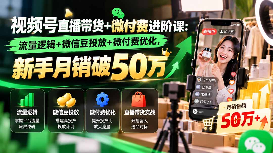 视频号直播带货+微付费进阶课-更新1010:流量逻辑+微信豆投放+微付费优化,新手月销破50万-御文网