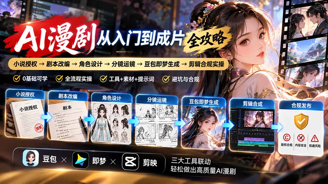 AI漫剧从入门到成片全攻略:小说授权→剧本改编→角色设计→分镜运镜→豆包即梦生成→剪辑合规实操-御文网