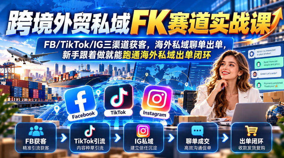跨境外贸私域FK赛道实战课｜FB/TikTok/IG三渠道获客，海外私域聊单出单，新手跟着做就能跑通海外私域出单闭环-御文网