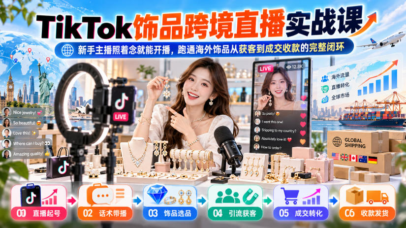 TikTok饰品跨境直播实战课,新手主播照着念就能开播,跑通海外饰品从获客到成交收款的完整闭环-御文网