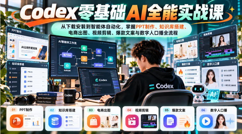 Codex零基础AI全能实战课:从下载安装到智能体自动化,掌握知识库搭建、电商出图、视频剪辑、爆款文案与数字人口播全流程-御文网