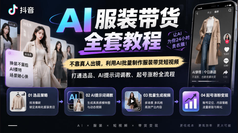 抖音AI服装带货全套教程，不靠真人出镜，利用AI批量制作服装带货短视频，打通选品、AI提示词调教、起号涨粉全流程-御文网