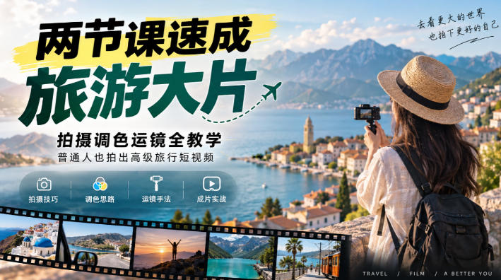 两节课速成旅游大片｜拍摄调色运镜全教学，普通人也拍出高级旅行短视频-御文网