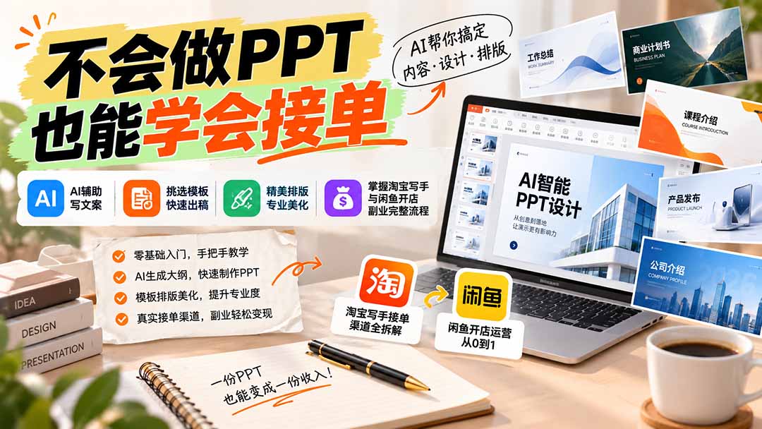 不会做PPT也能学会接单:AI辅助写文案、挑模板、做排版,掌握淘宝写手与闲鱼开店副业完整流程-御文网