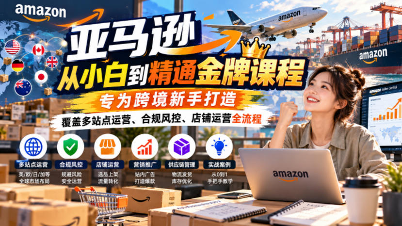 亚马逊从小白到精通金牌课程，专为跨境新手打造，覆盖多站点运营、合规风控、店铺运营全流程-御文网