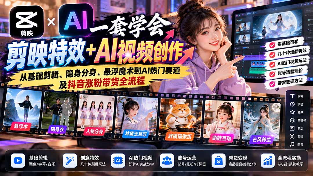 一套学会剪映特效+AI视频创作:从基础剪辑、隐身分身、悬浮魔术到AI热门赛道及抖音涨粉带货全流程-御文网