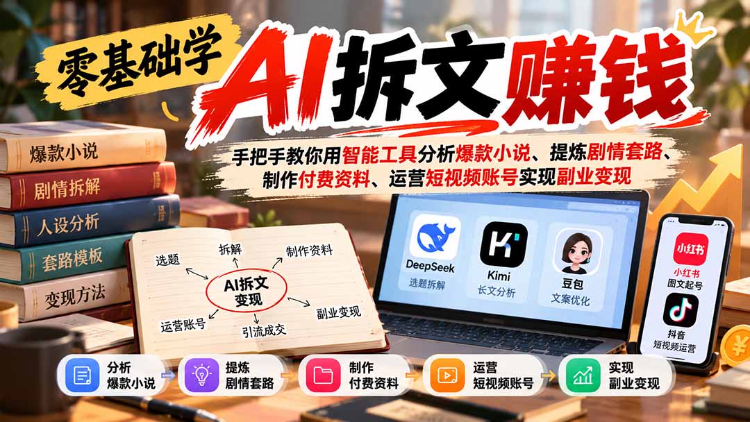 零基础学AI拆文赚钱:手把手教你用智能工具分析爆款小说、提炼剧情套路、制作付费资料、运营短视频账号实现副业变现-御文网