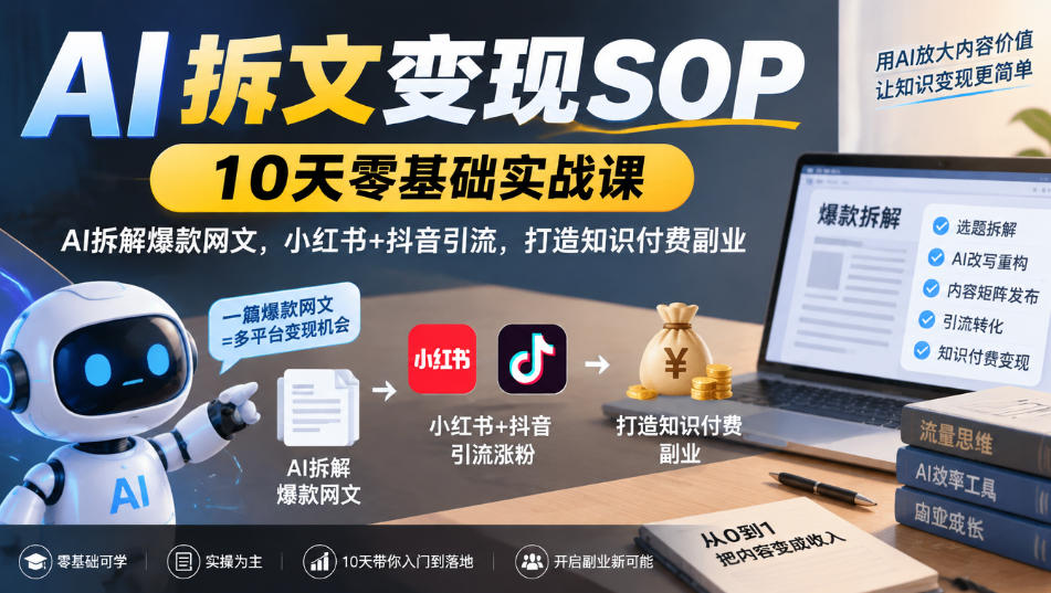 AI拆文变现SOP|10天零基础实战课,AI拆解爆款网文,小红书+抖音引流,打造知识付费副业-御文网