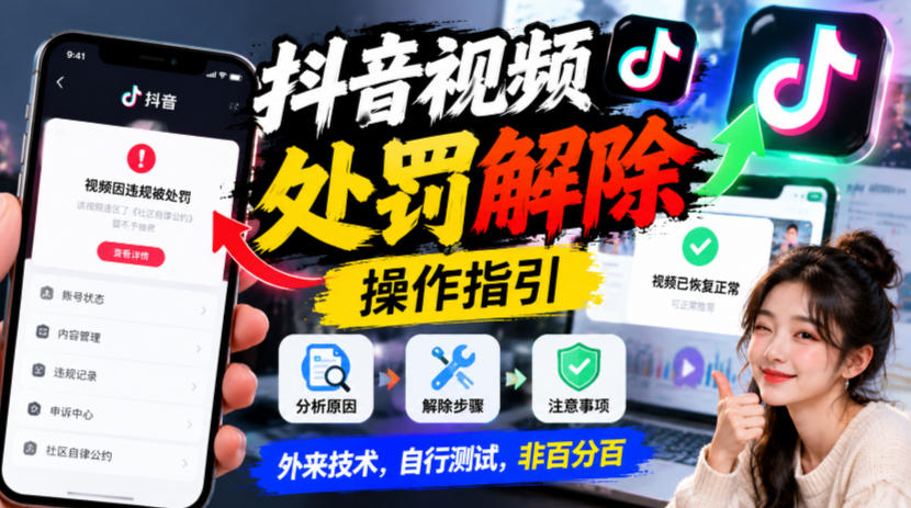 抖音视频处罚解除操作指引,外来技术,自行测试,非百分百-御文网